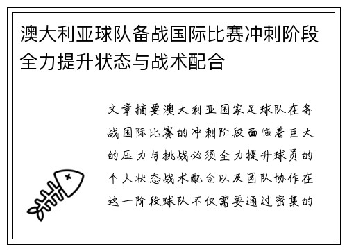 澳大利亚球队备战国际比赛冲刺阶段全力提升状态与战术配合