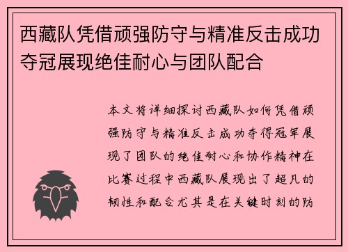 西藏队凭借顽强防守与精准反击成功夺冠展现绝佳耐心与团队配合