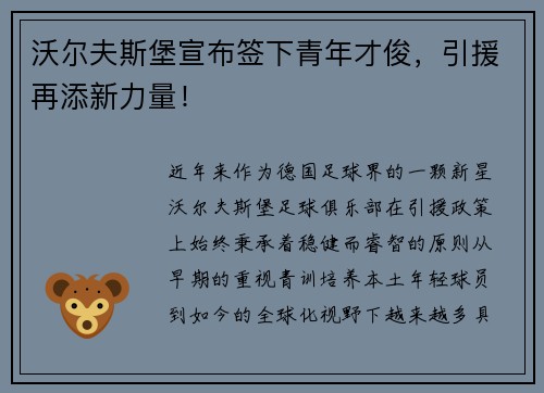 沃尔夫斯堡宣布签下青年才俊，引援再添新力量！