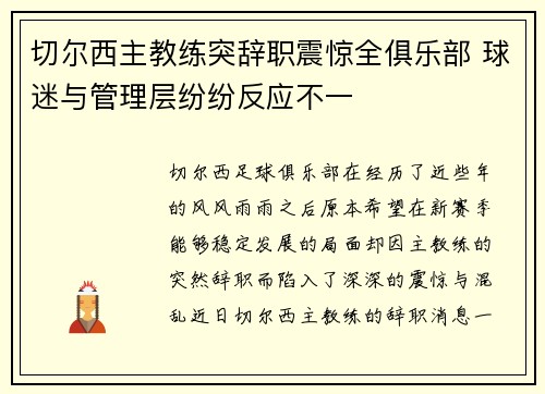切尔西主教练突辞职震惊全俱乐部 球迷与管理层纷纷反应不一