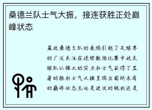 桑德兰队士气大振，接连获胜正处巅峰状态
