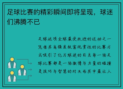 足球比赛的精彩瞬间即将呈现，球迷们沸腾不已