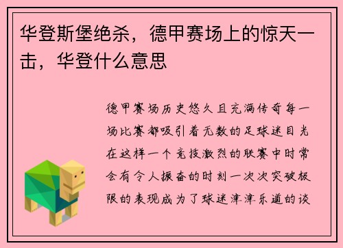 华登斯堡绝杀，德甲赛场上的惊天一击，华登什么意思