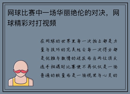 网球比赛中一场华丽绝伦的对决，网球精彩对打视频