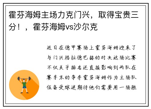 霍芬海姆主场力克门兴，取得宝贵三分！，霍芬海姆vs沙尔克
